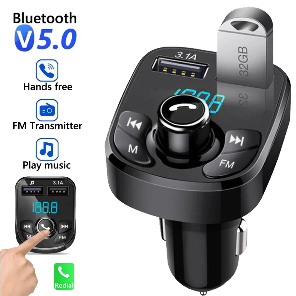 S9f494535f4164bb98f7e6aae41cf3091Y.webp Car Charger FM Transmitter Bluetooth Audio Dual USB Car MP3 Player Autoradio Handsfree Charger 3.1A Fast Charger Car Accessories - Image 1