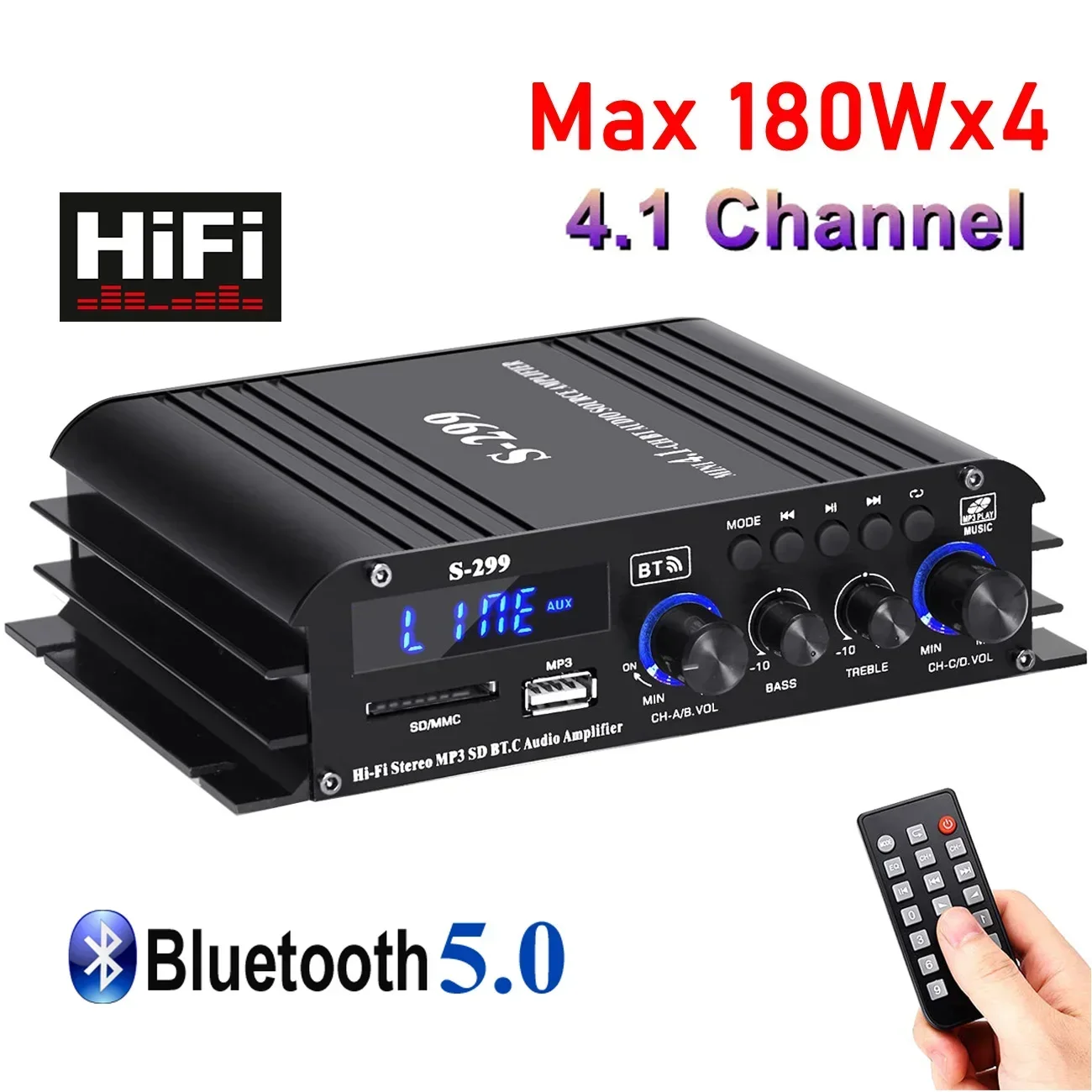 Se249d665427344eea3f22e8490fbaaf2u.webp Audio Amplifier S-299 Channel-4.1 Digital AMP Bluetooth 5.0 Rated Power 40Wx4 with Remote for Home Theater Car RVs steamboat - Image 1