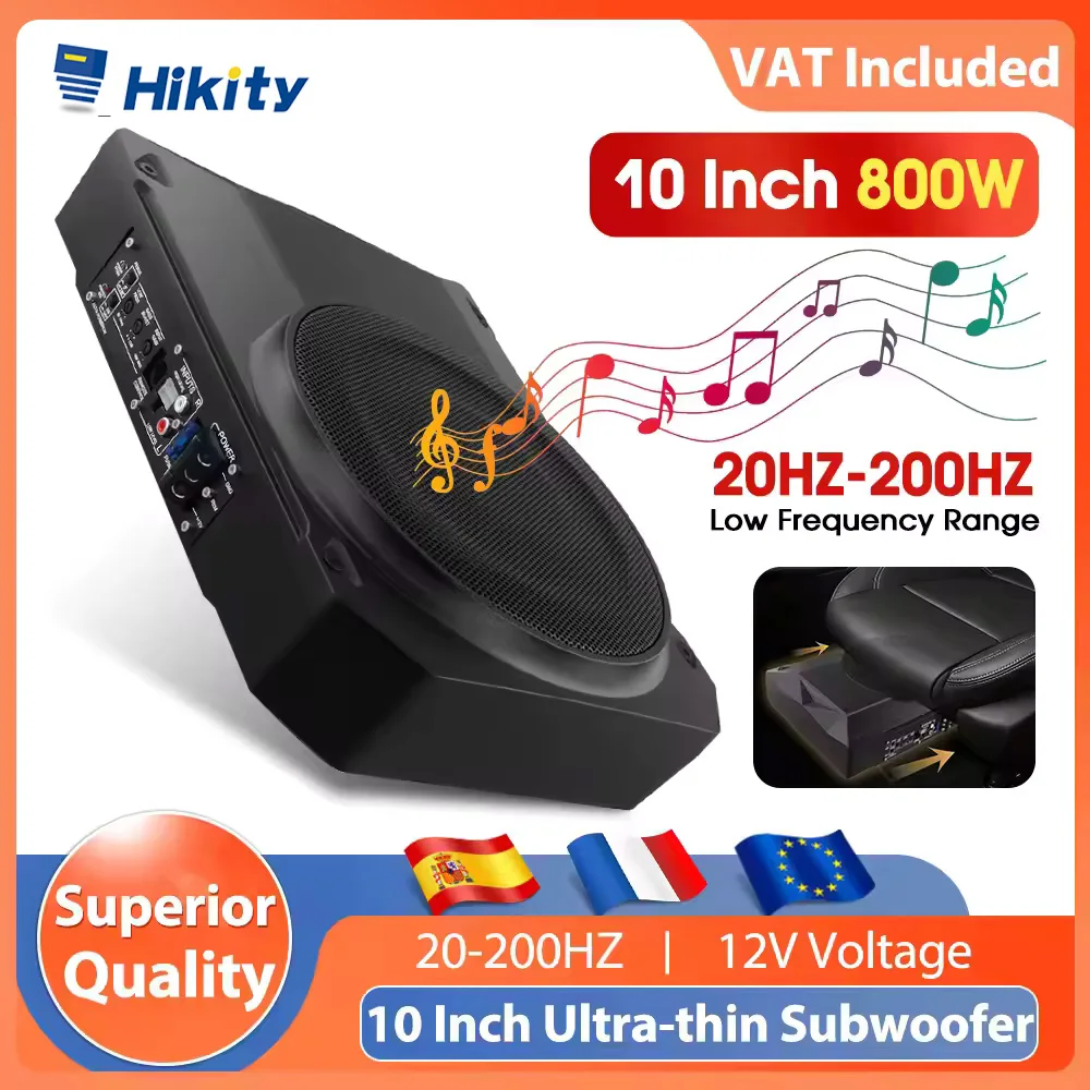 Sfb6b719755fa499dbd59d085914299d68.webp Hikity 800W 10" Ultra-Thin Subwoofer 12V Under-Seat Car Audio Active Subwoofer With Audio Cable Audio Processor Music Player - Image 1
